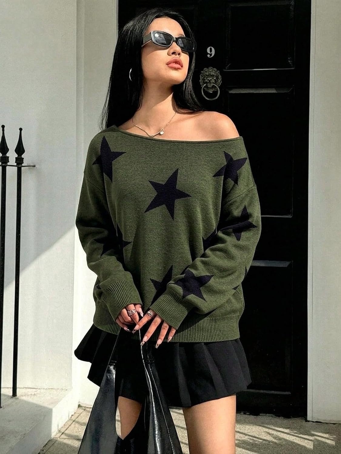 image:imageZAFUL Off The Shoulder Sweater Women Casual Star Knit Pullover Loose TopsArmy Green