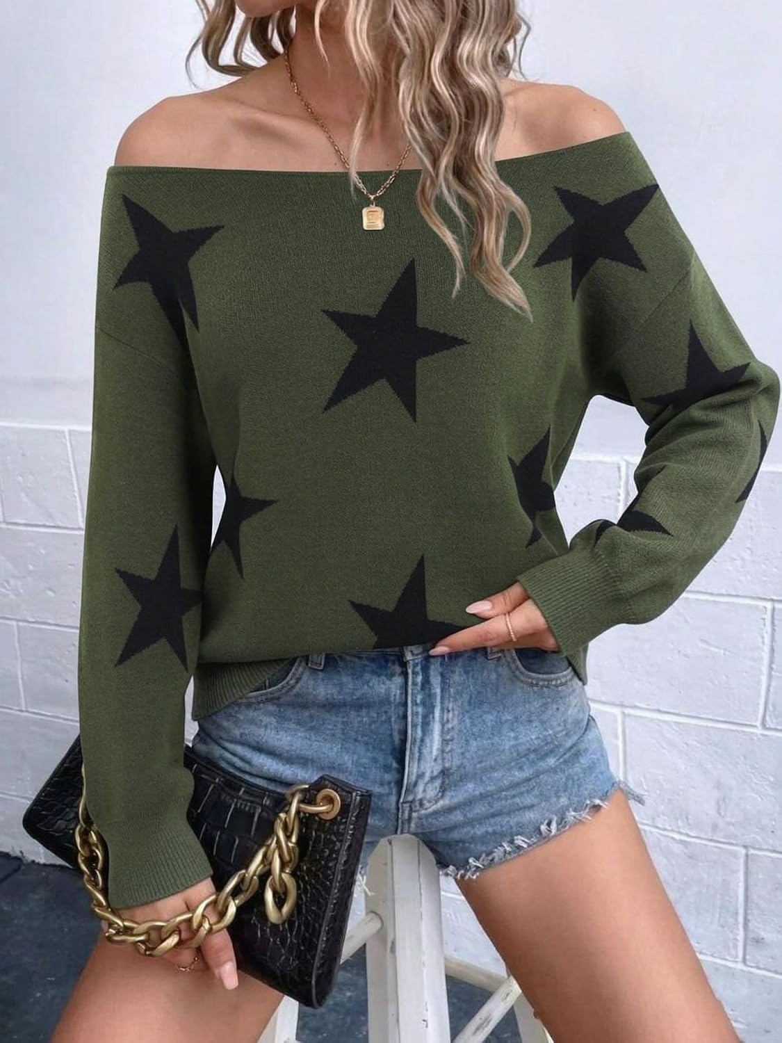 image:imageZAFUL Off The Shoulder Sweater Women Casual Star Knit Pullover Loose TopsArmy Green
