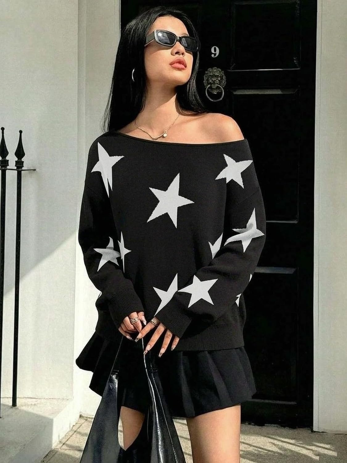 image:imageZAFUL Off The Shoulder Sweater Women Casual Star Knit Pullover Loose TopsBlack