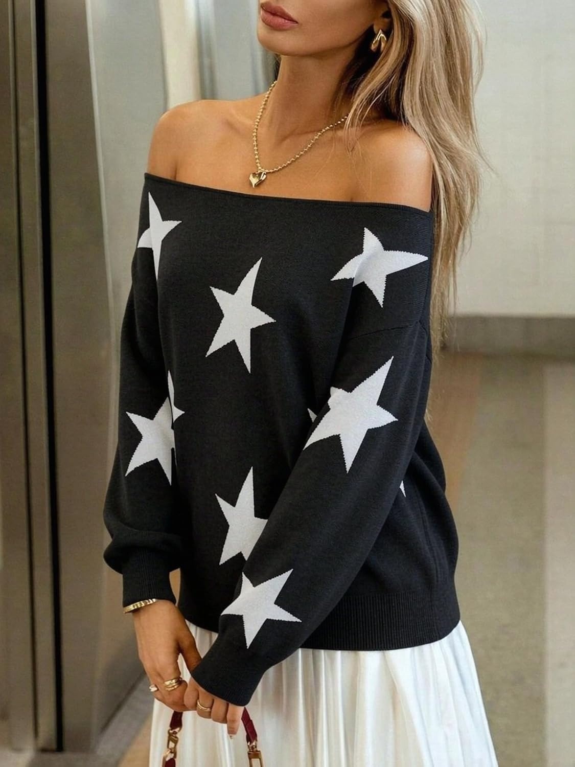 image:imageZAFUL Off The Shoulder Sweater Women Casual Star Knit Pullover Loose TopsBlack