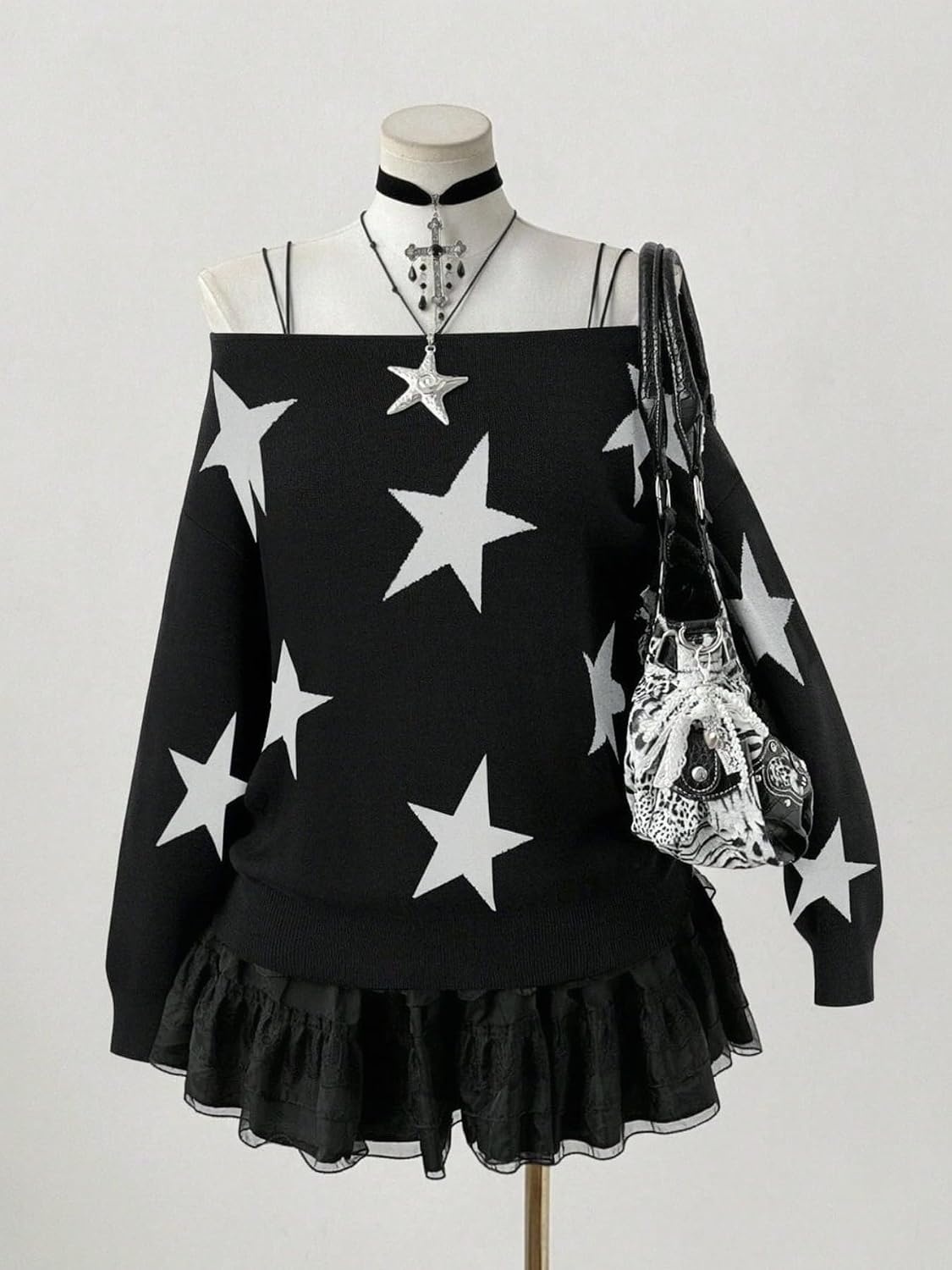 image:imageZAFUL Off The Shoulder Sweater Women Casual Star Knit Pullover Loose TopsBlack