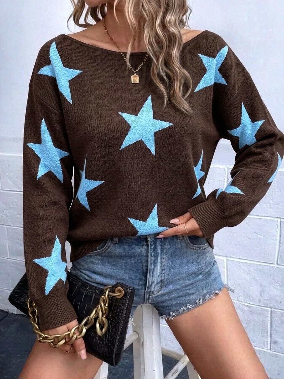 image:imageZAFUL Off The Shoulder Sweater Women Casual Star Knit Pullover Loose TopsCoffee Blue