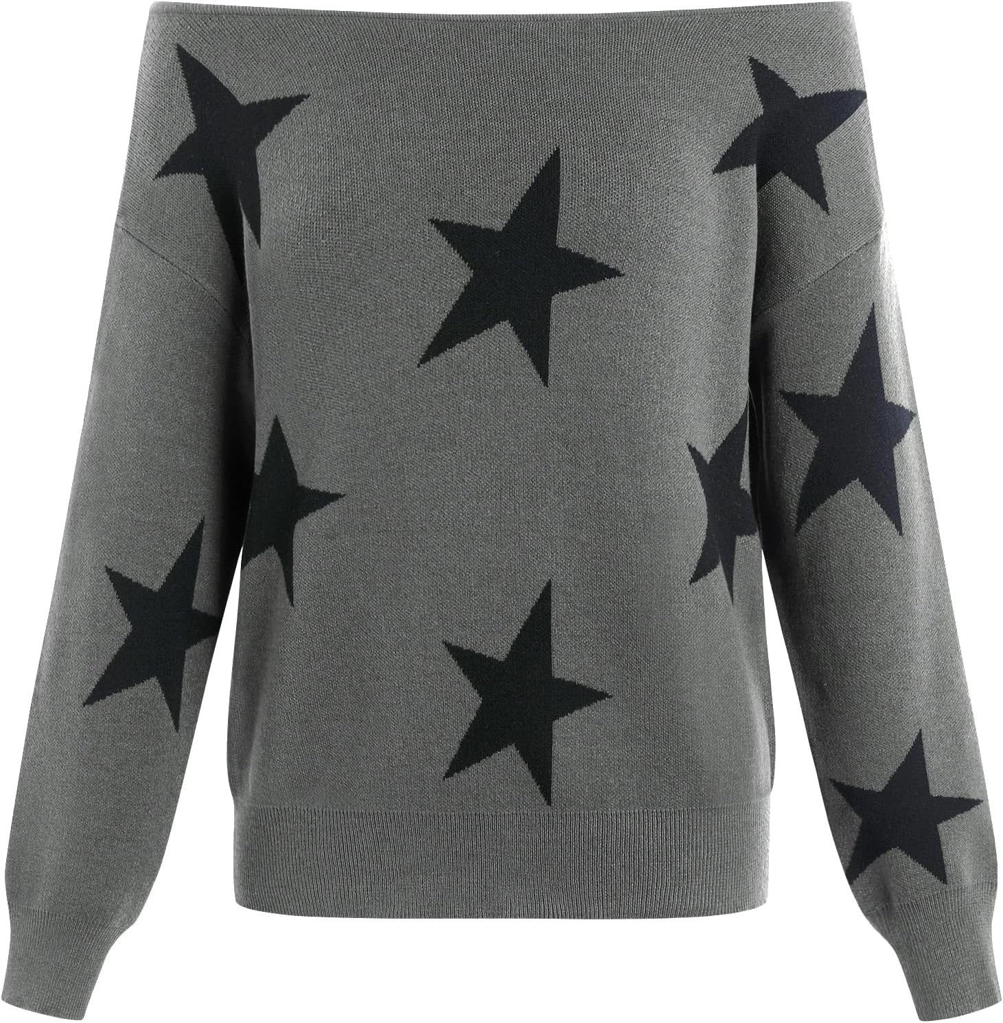 image:imageZAFUL Off The Shoulder Sweater Women Casual Star Knit Pullover Loose TopsGrey