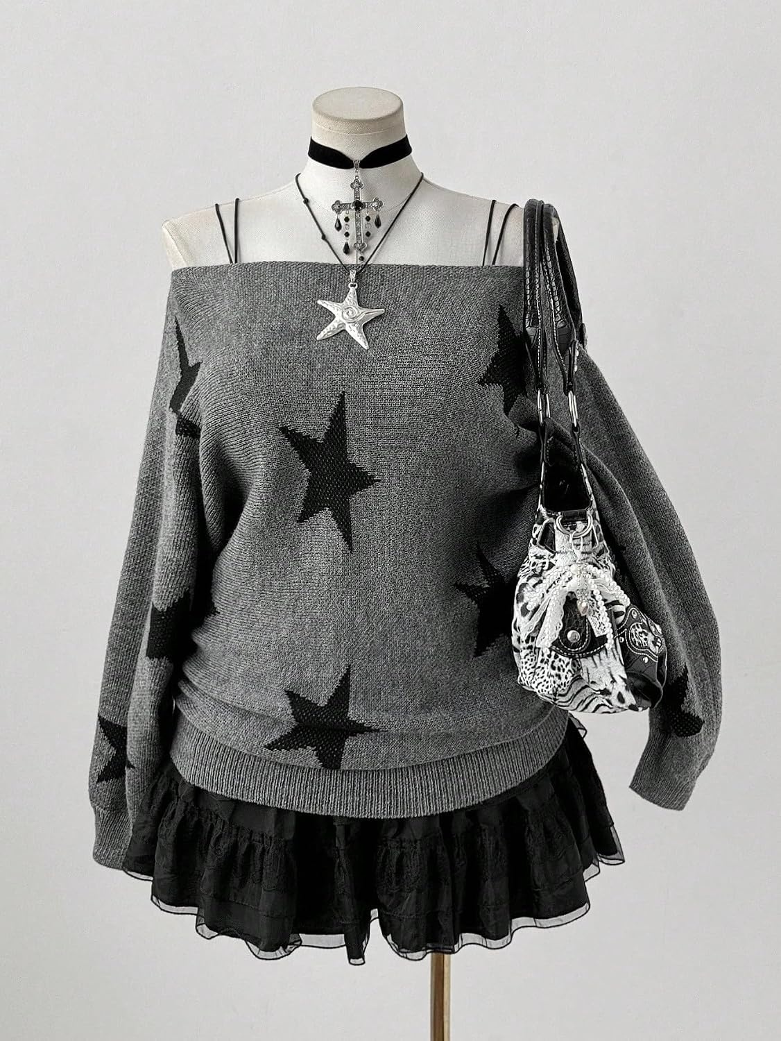 image:imageZAFUL Off The Shoulder Sweater Women Casual Star Knit Pullover Loose TopsGrey