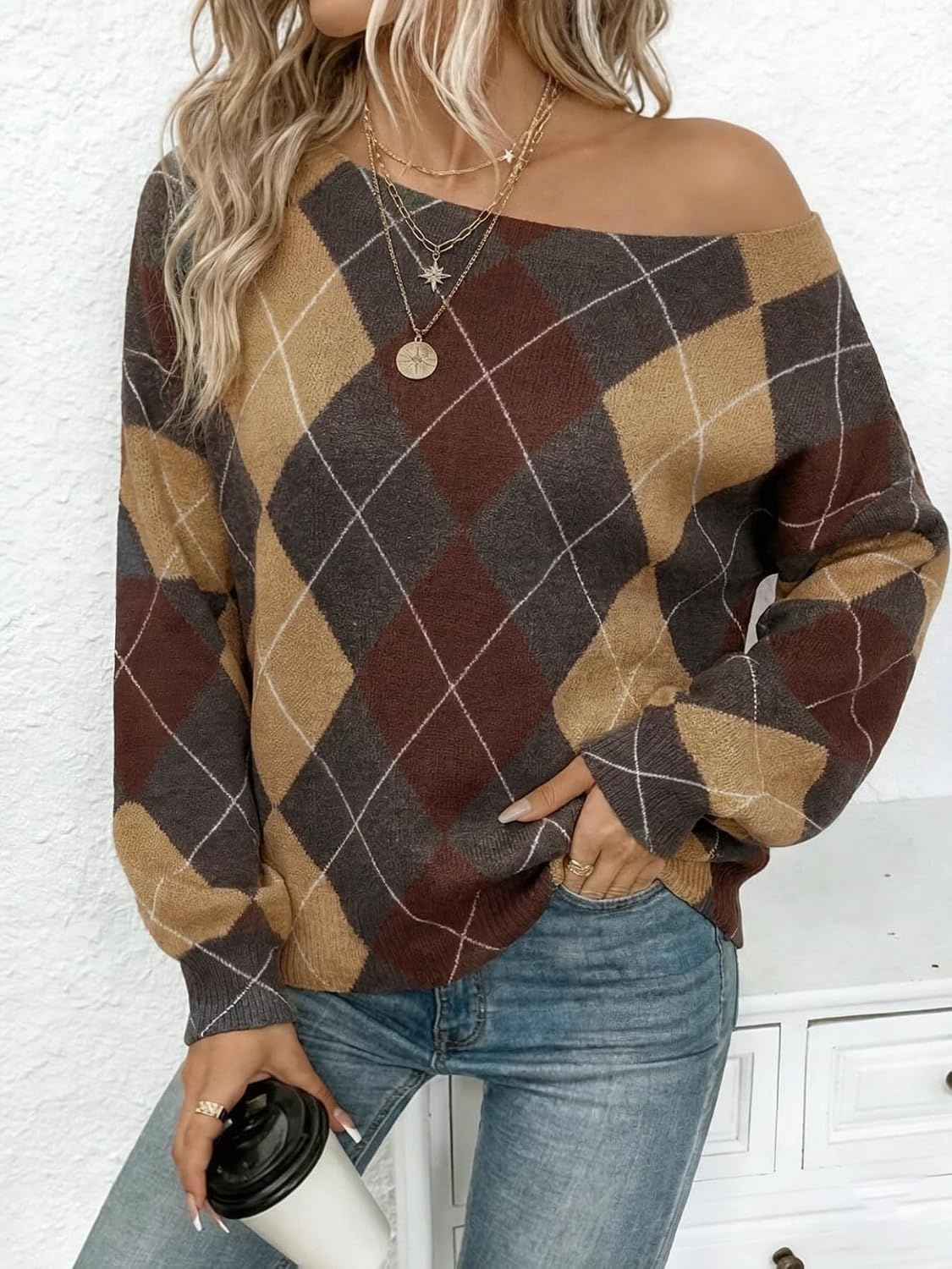 image:imageZAFUL Off The Shoulder Sweater Women Casual Star Knit Pullover Loose TopsKhaki