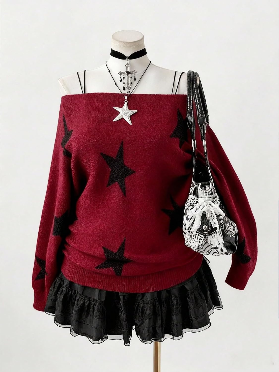 image:imageZAFUL Off The Shoulder Sweater Women Casual Star Knit Pullover Loose TopsWine Red