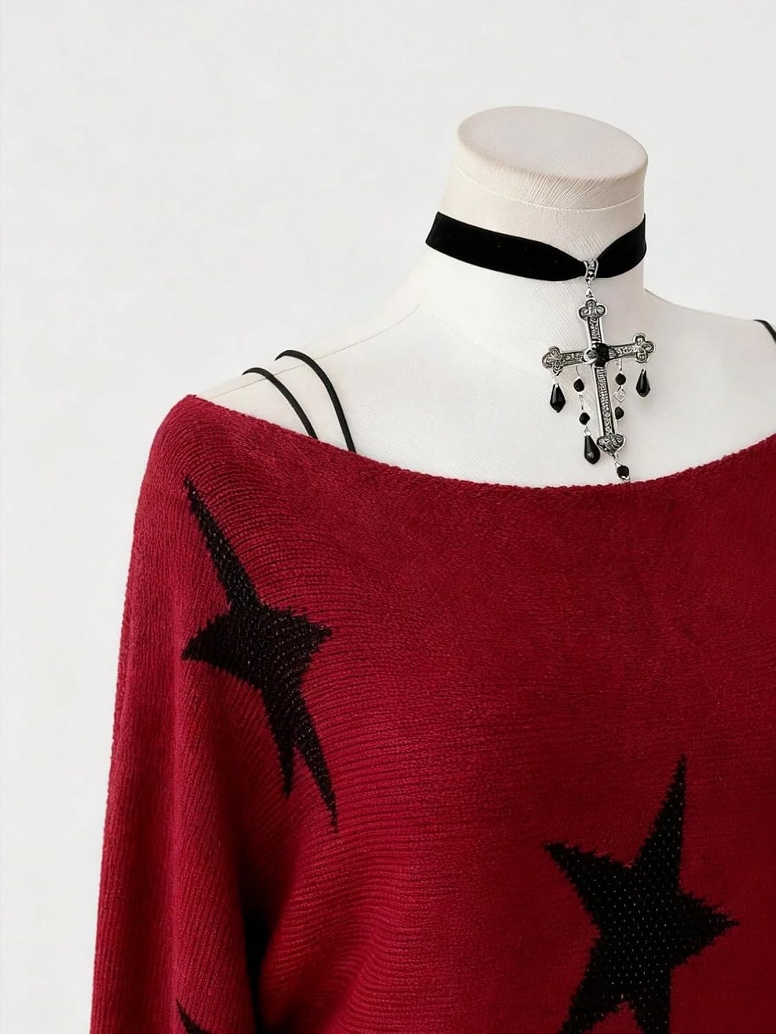 image:imageZAFUL Off The Shoulder Sweater Women Casual Star Knit Pullover Loose TopsWine Red