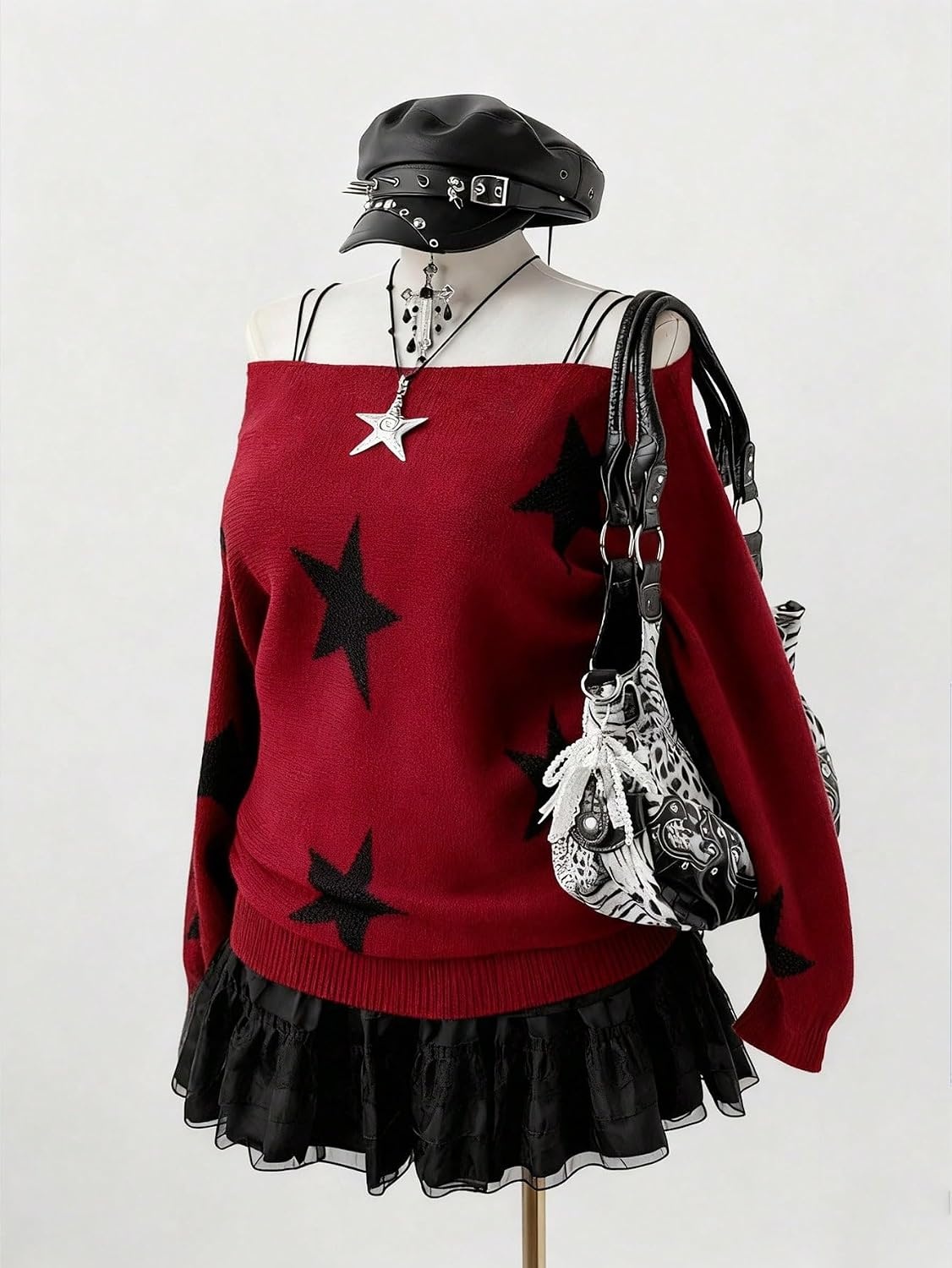 image:imageZAFUL Off The Shoulder Sweater Women Casual Star Knit Pullover Loose TopsWine Red