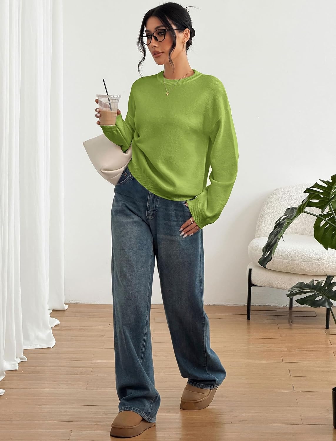 image:imageZAFUL Women Crew Neck Sweater Long Sleeve Solid Oversized Pullover Sweater1avocado