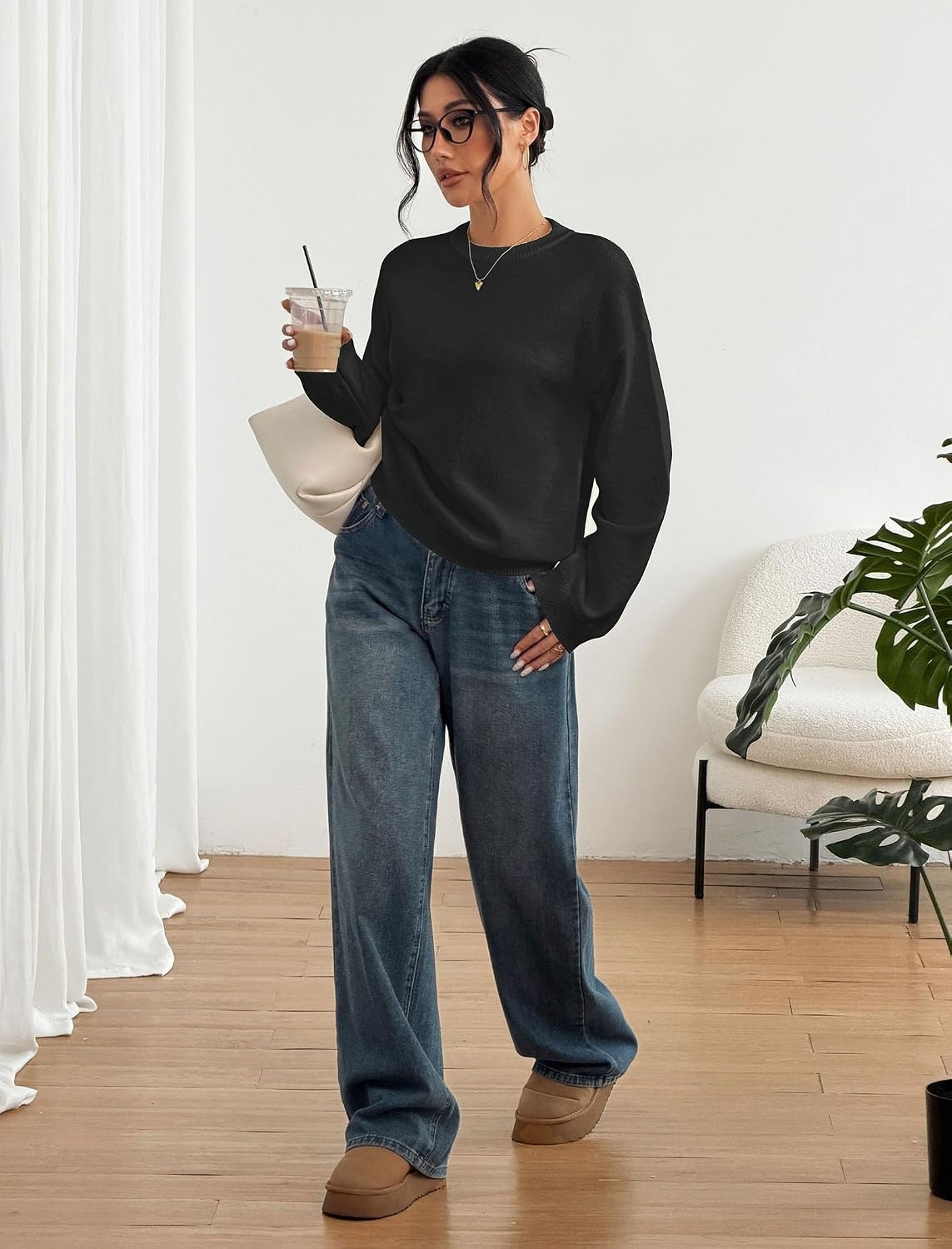 image:imageZAFUL Women Crew Neck Sweater Long Sleeve Solid Oversized Pullover Sweater1black