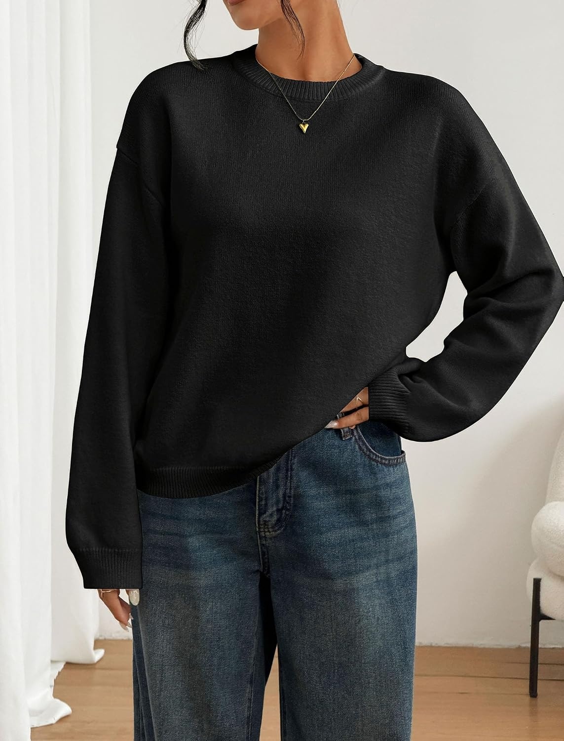 image:imageZAFUL Women Crew Neck Sweater Long Sleeve Solid Oversized Pullover Sweater1black