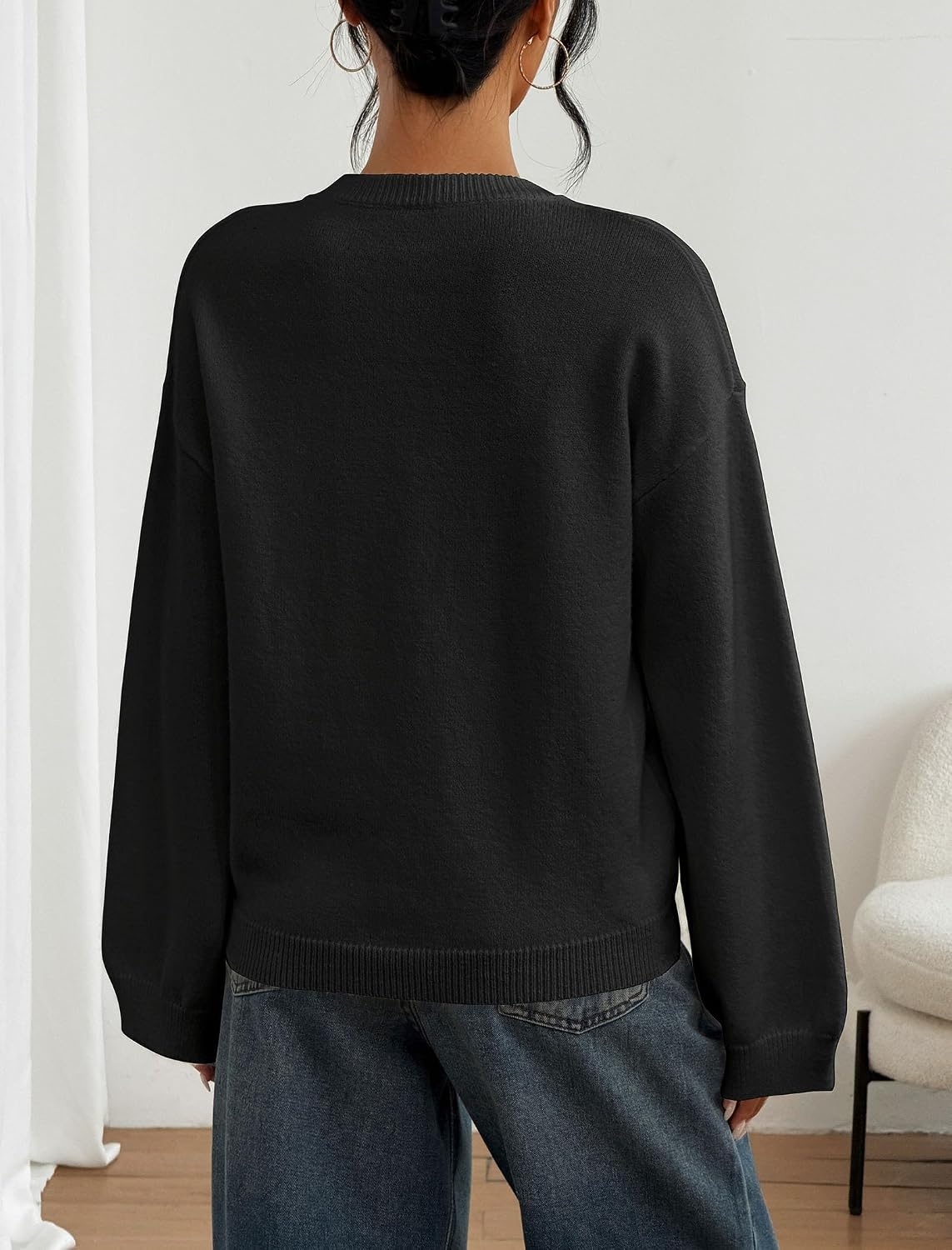 image:imageZAFUL Women Crew Neck Sweater Long Sleeve Solid Oversized Pullover Sweater1black