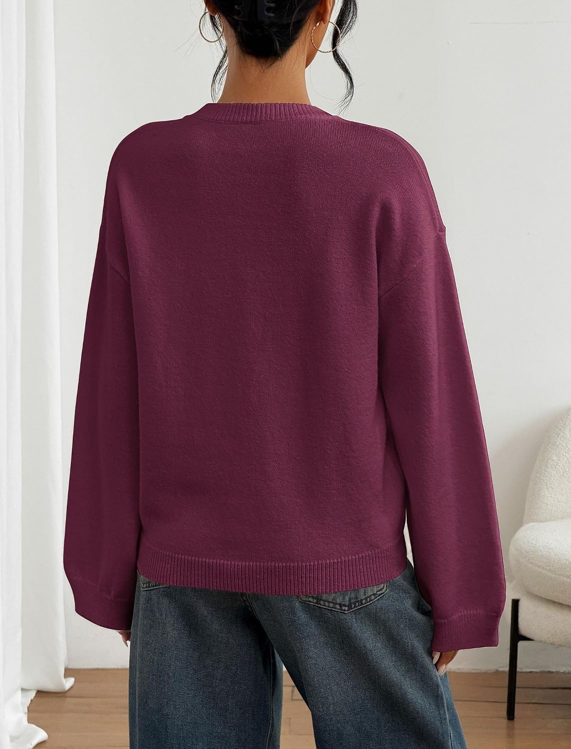 image:imageZAFUL Women Crew Neck Sweater Long Sleeve Solid Oversized Pullover Sweater1burgundy