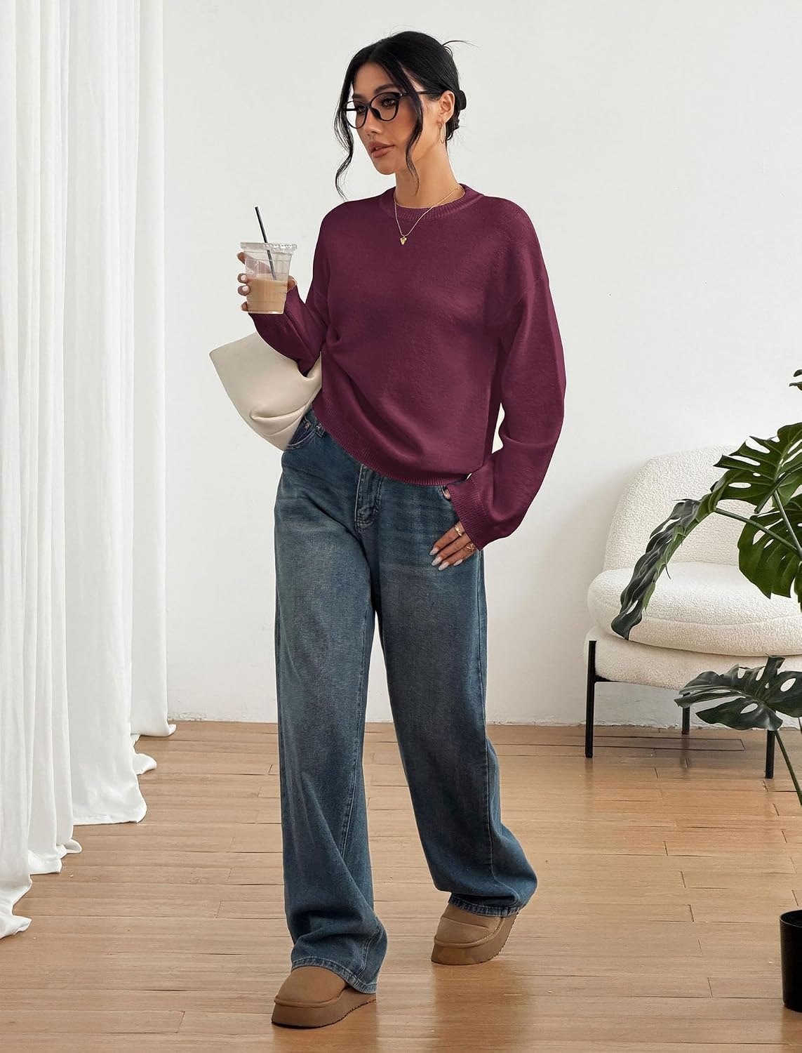 image:imageZAFUL Women Crew Neck Sweater Long Sleeve Solid Oversized Pullover Sweater1burgundy