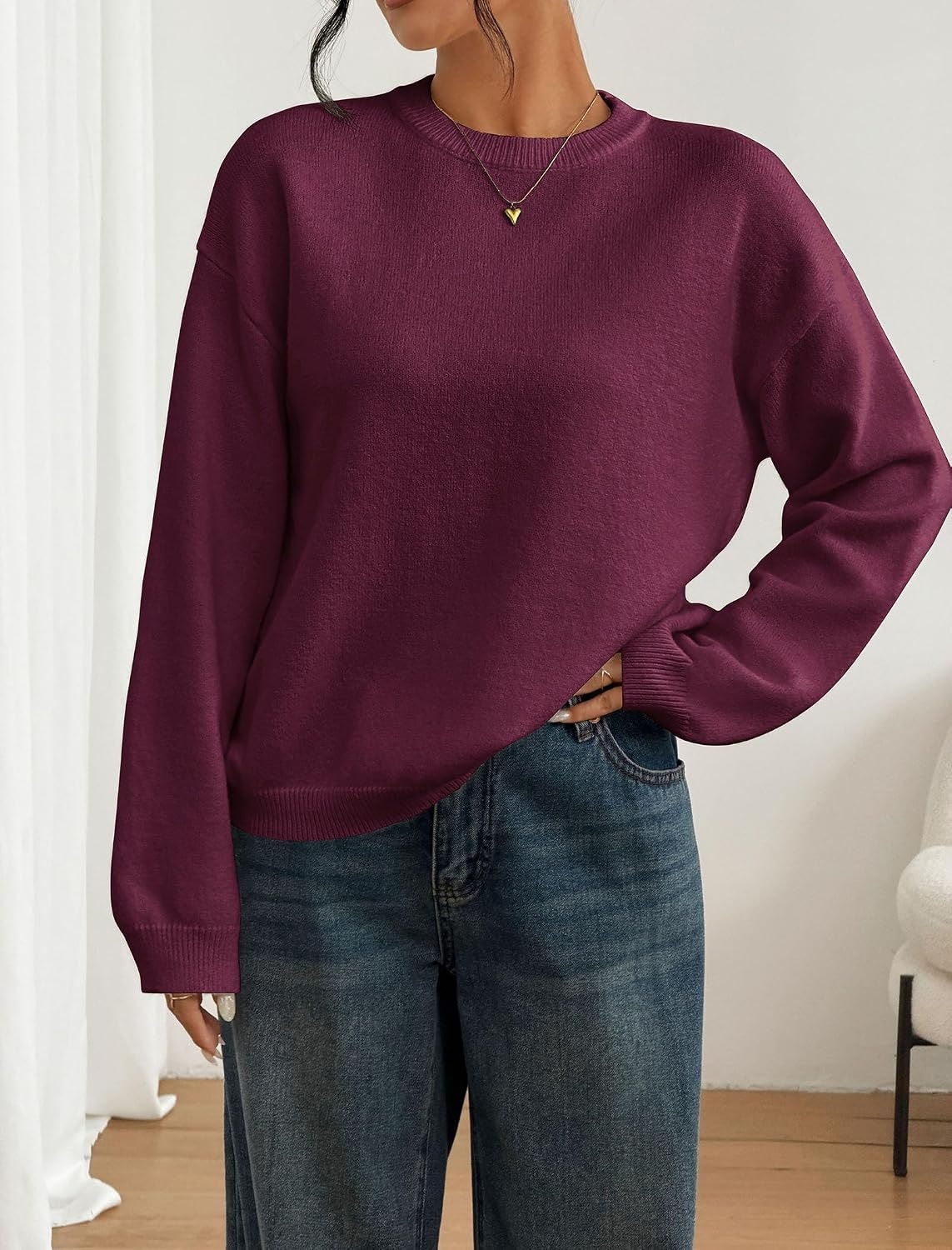 image:imageZAFUL Women Crew Neck Sweater Long Sleeve Solid Oversized Pullover Sweater1burgundy