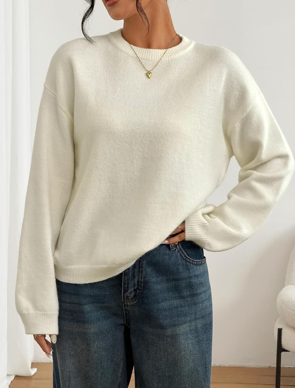 image:imageZAFUL Women Crew Neck Sweater Long Sleeve Solid Oversized Pullover Sweater1cream White