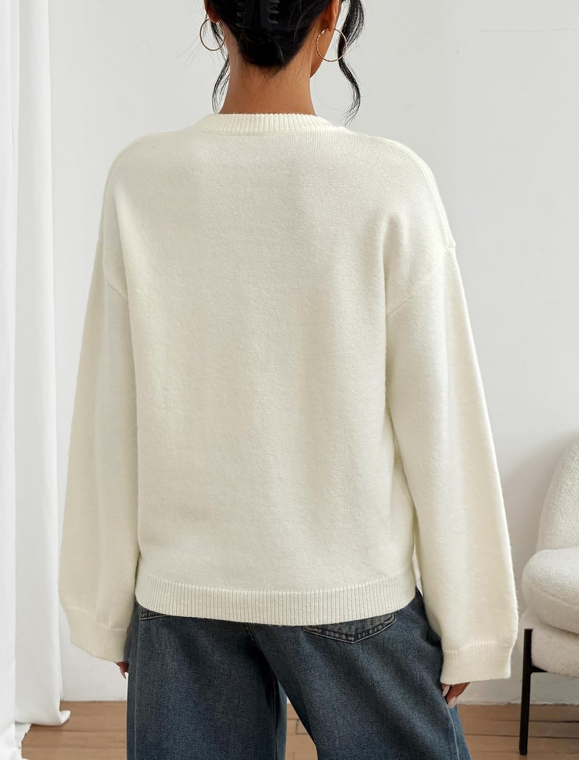 image:imageZAFUL Women Crew Neck Sweater Long Sleeve Solid Oversized Pullover Sweater1cream White