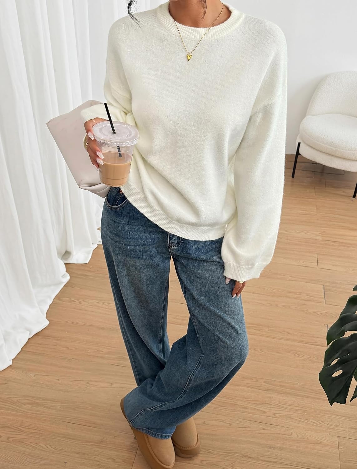image:imageZAFUL Women Crew Neck Sweater Long Sleeve Solid Oversized Pullover Sweater1cream White