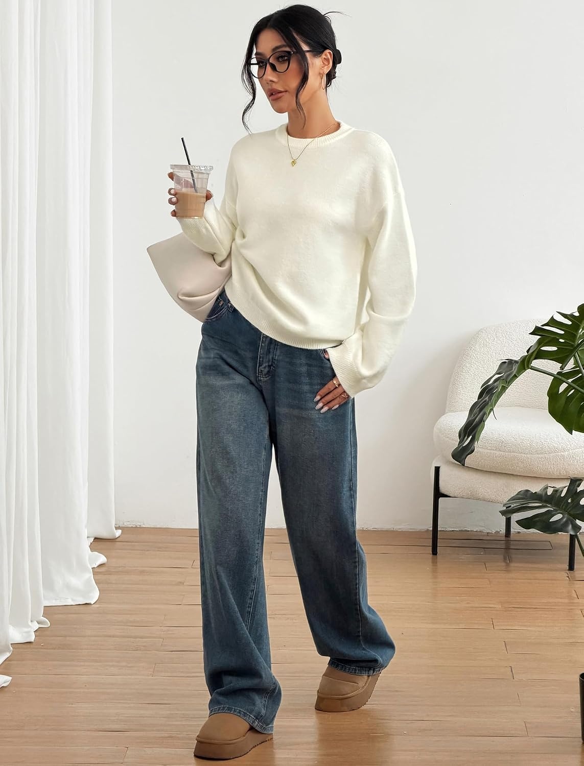 image:imageZAFUL Women Crew Neck Sweater Long Sleeve Solid Oversized Pullover Sweater1cream White