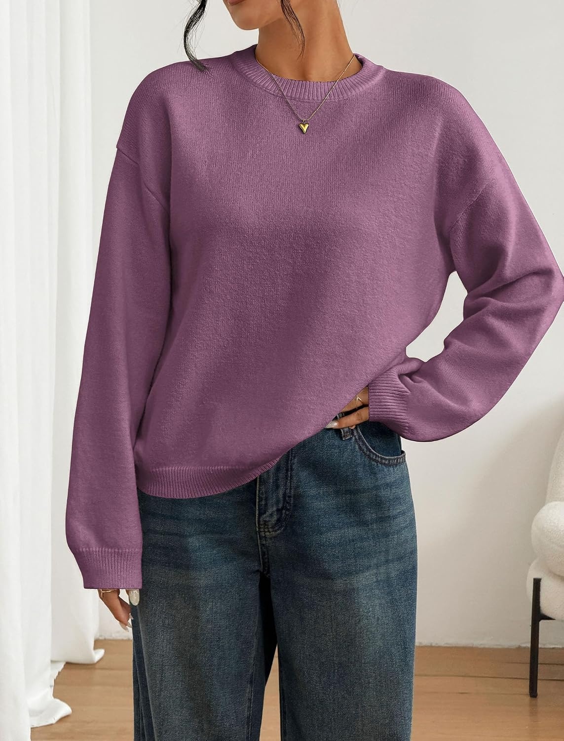 image:imageZAFUL Women Crew Neck Sweater Long Sleeve Solid Oversized Pullover Sweater1dusty Purple