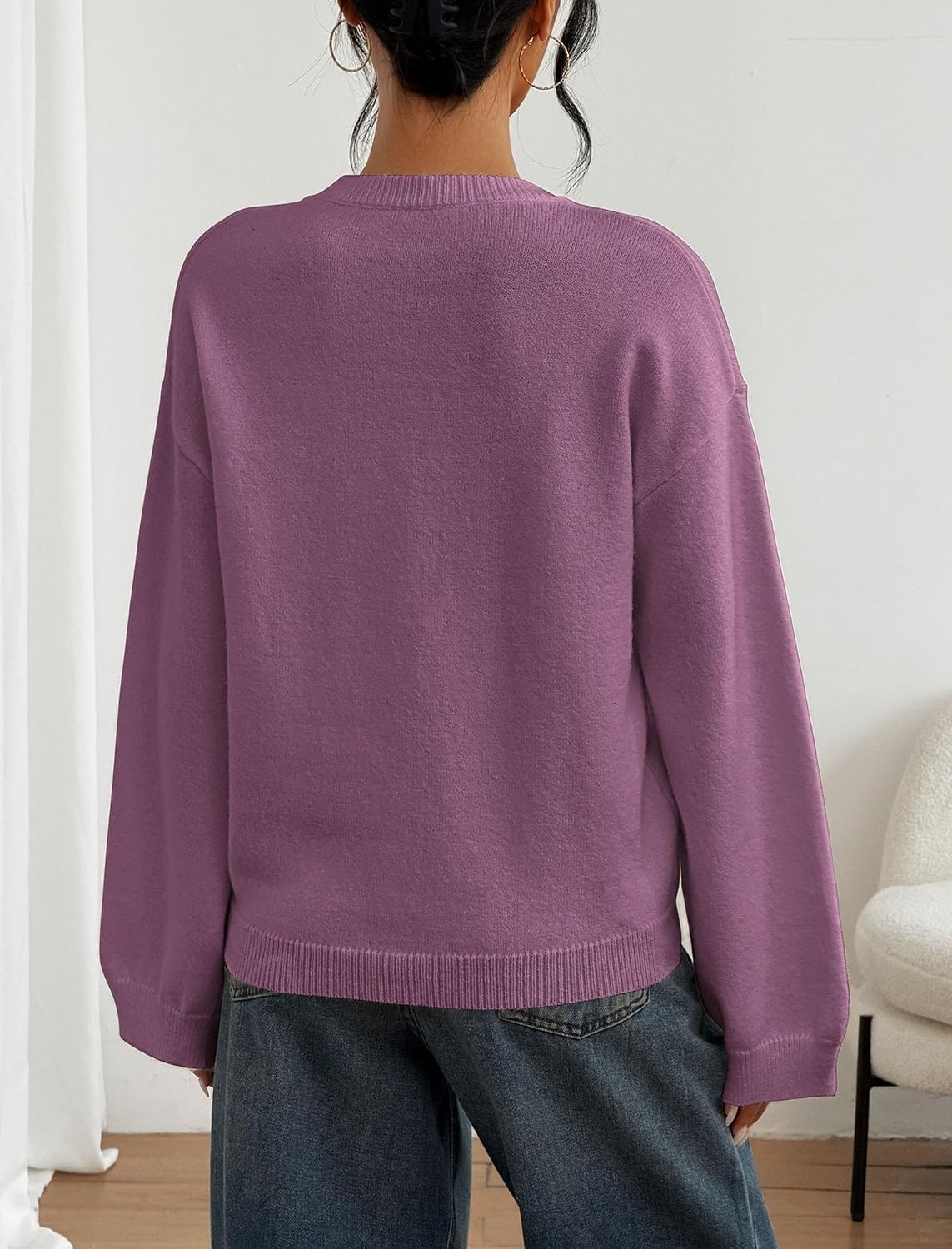 image:imageZAFUL Women Crew Neck Sweater Long Sleeve Solid Oversized Pullover Sweater1dusty Purple