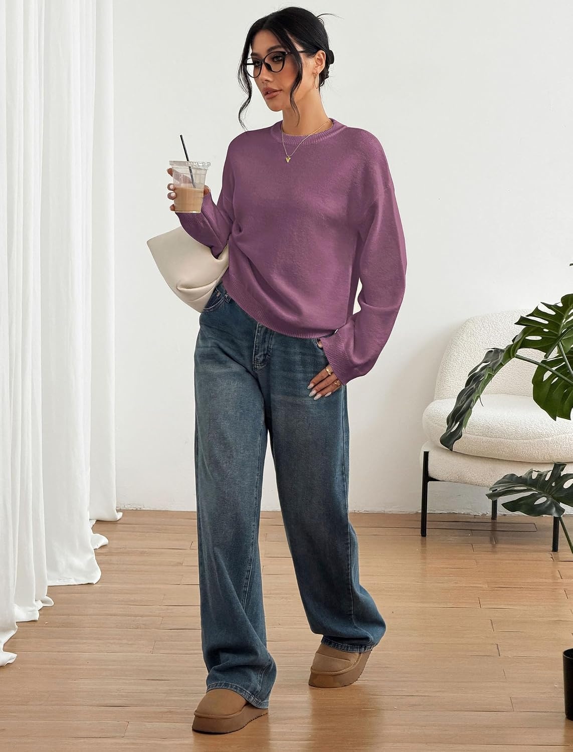 image:imageZAFUL Women Crew Neck Sweater Long Sleeve Solid Oversized Pullover Sweater1dusty Purple