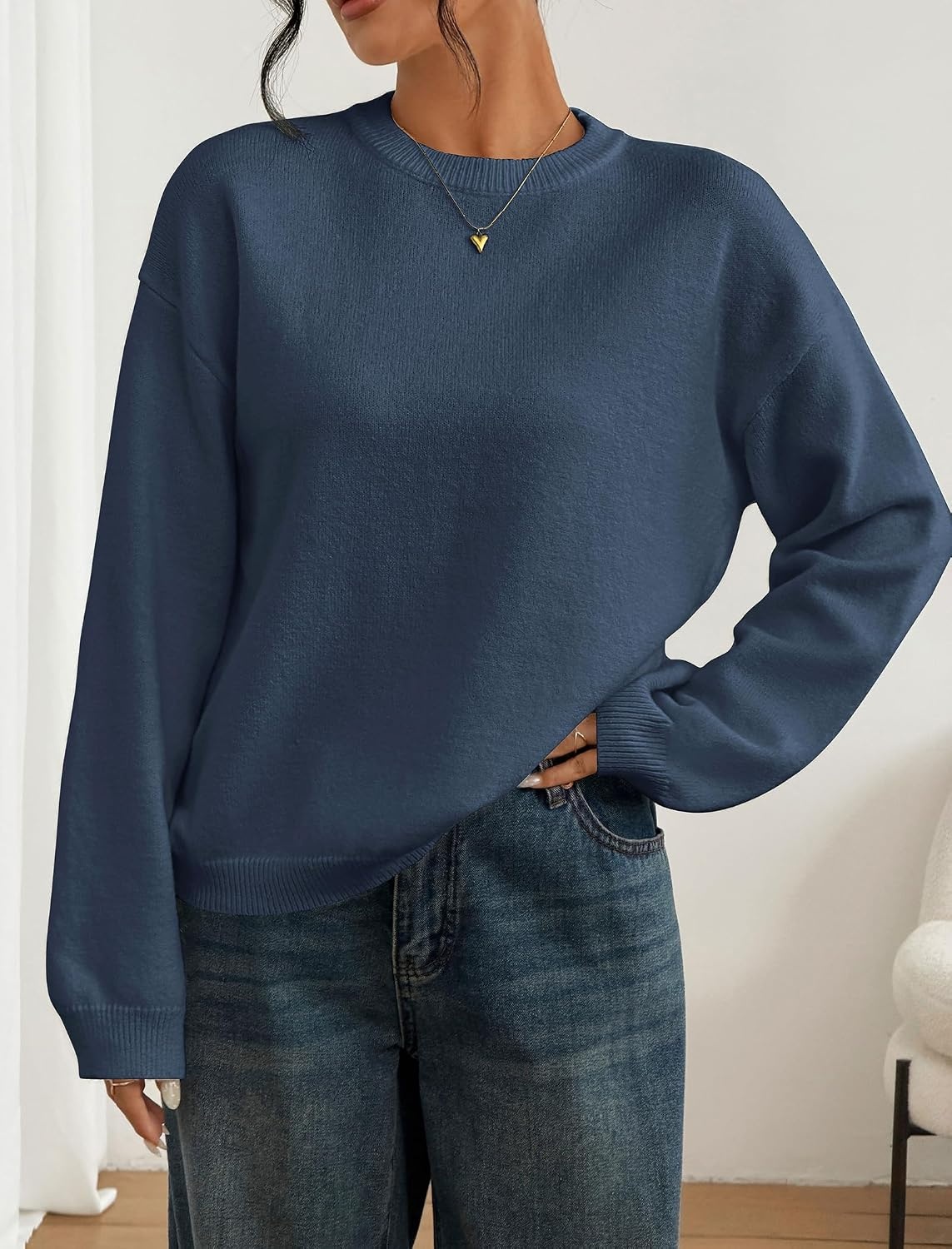 image:imageZAFUL Women Crew Neck Sweater Long Sleeve Solid Oversized Pullover Sweater1navy Blue