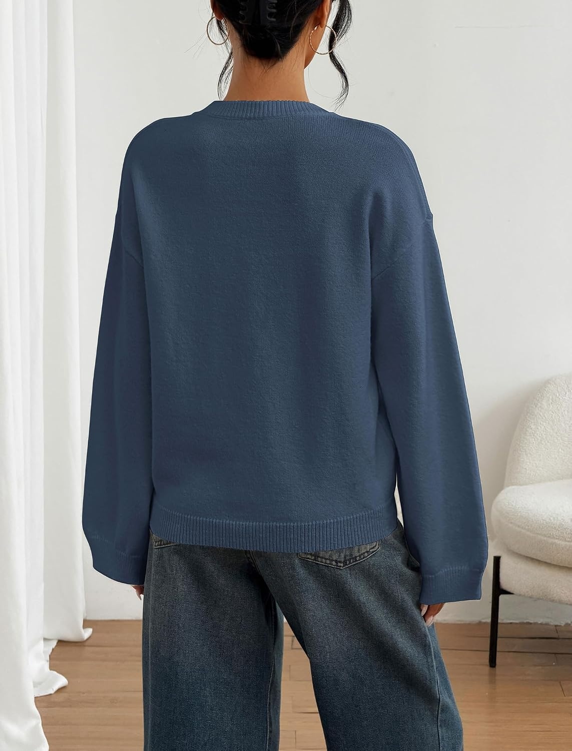 image:imageZAFUL Women Crew Neck Sweater Long Sleeve Solid Oversized Pullover Sweater1navy Blue