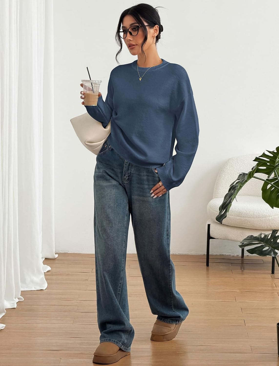 image:imageZAFUL Women Crew Neck Sweater Long Sleeve Solid Oversized Pullover Sweater1navy Blue