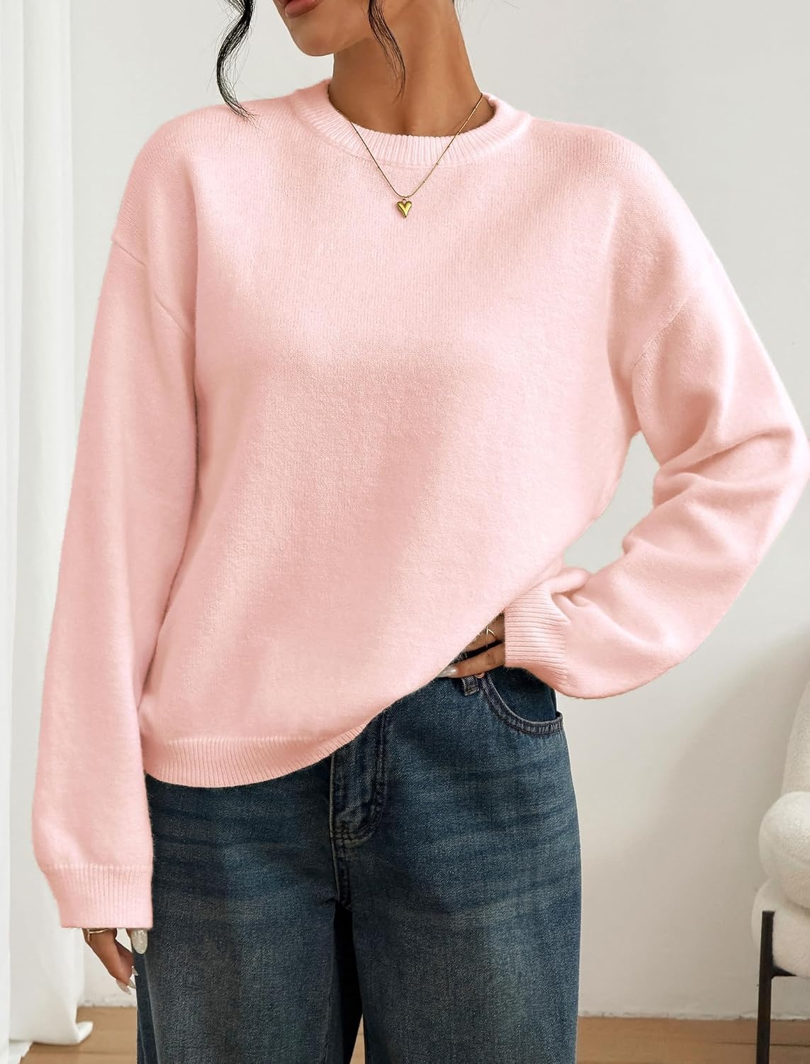 image:imageZAFUL Women Crew Neck Sweater Long Sleeve Solid Oversized Pullover Sweater1pink