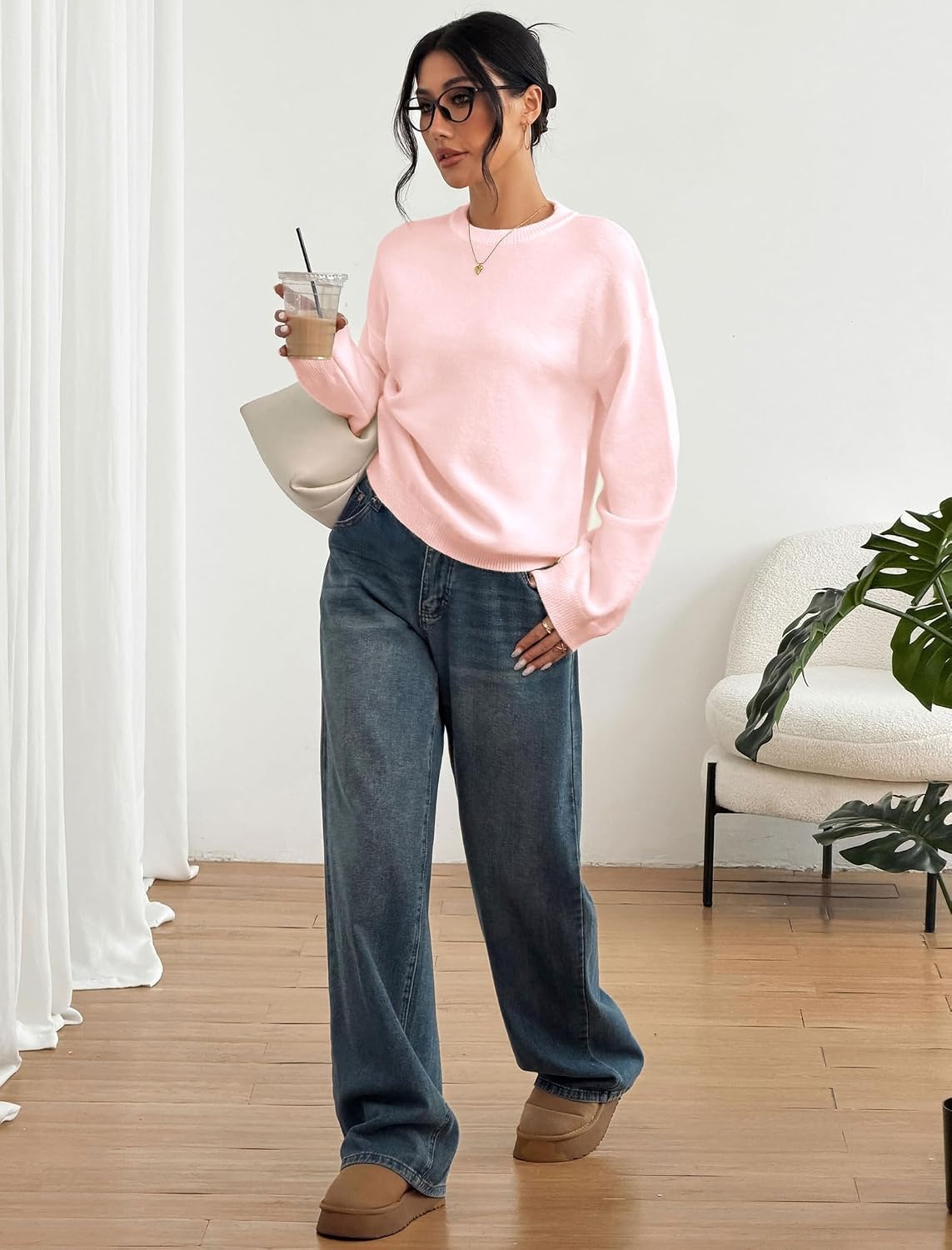 image:imageZAFUL Women Crew Neck Sweater Long Sleeve Solid Oversized Pullover Sweater1pink
