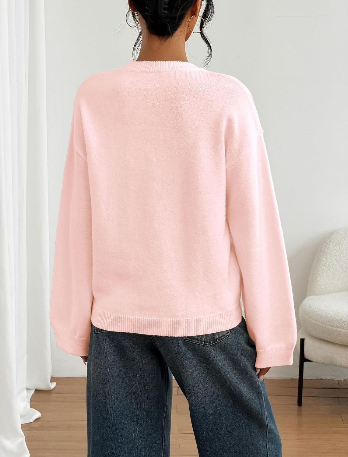 image:imageZAFUL Women Crew Neck Sweater Long Sleeve Solid Oversized Pullover Sweater1pink