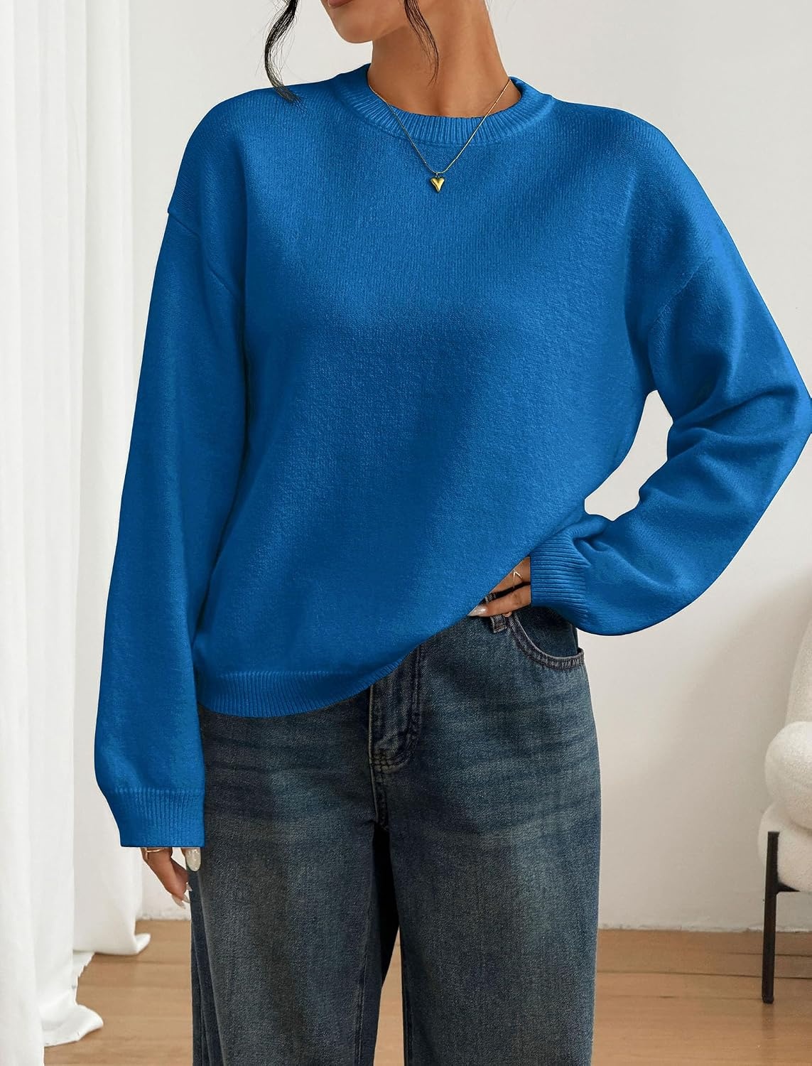 image:imageZAFUL Women Crew Neck Sweater Long Sleeve Solid Oversized Pullover Sweater1royal Blue