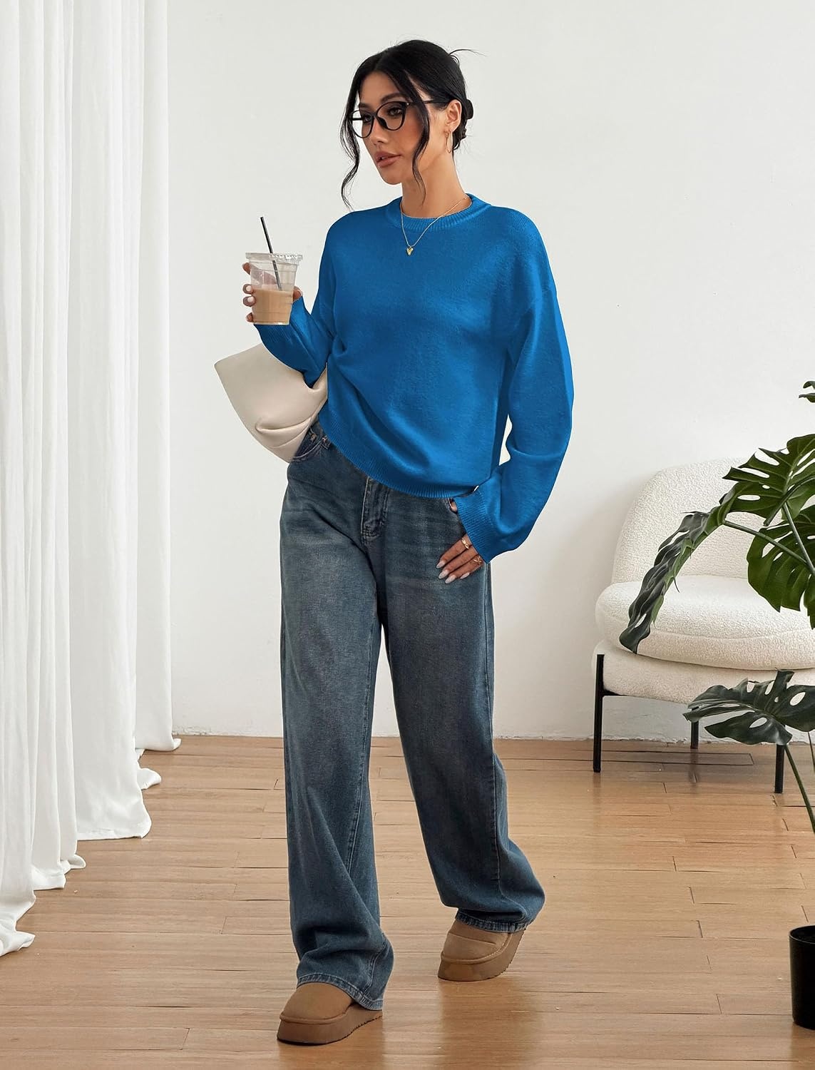 image:imageZAFUL Women Crew Neck Sweater Long Sleeve Solid Oversized Pullover Sweater1royal Blue