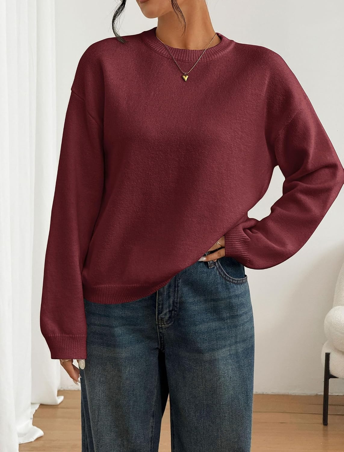 image:imageZAFUL Women Crew Neck Sweater Long Sleeve Solid Oversized Pullover Sweater1rust Red