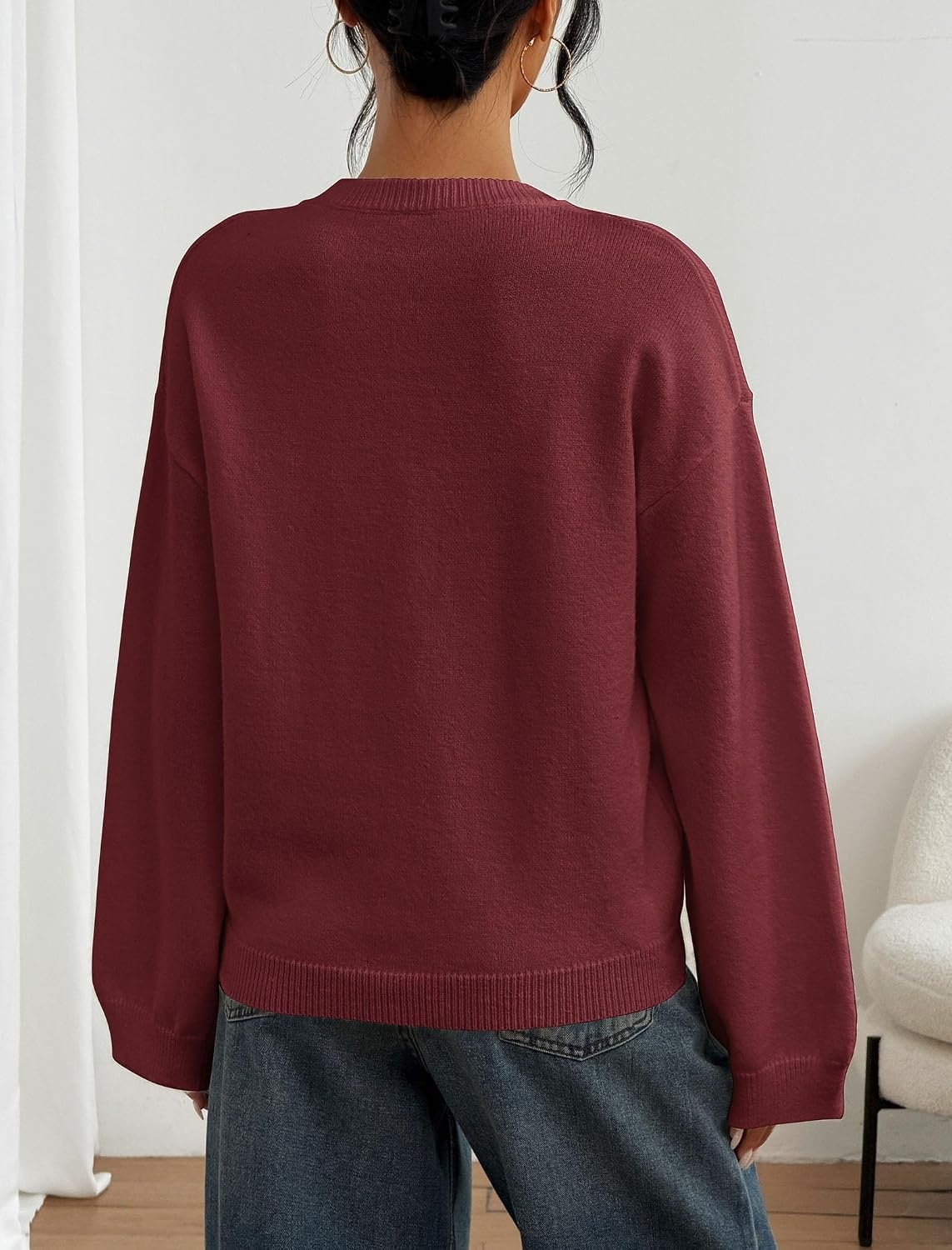image:imageZAFUL Women Crew Neck Sweater Long Sleeve Solid Oversized Pullover Sweater1rust Red