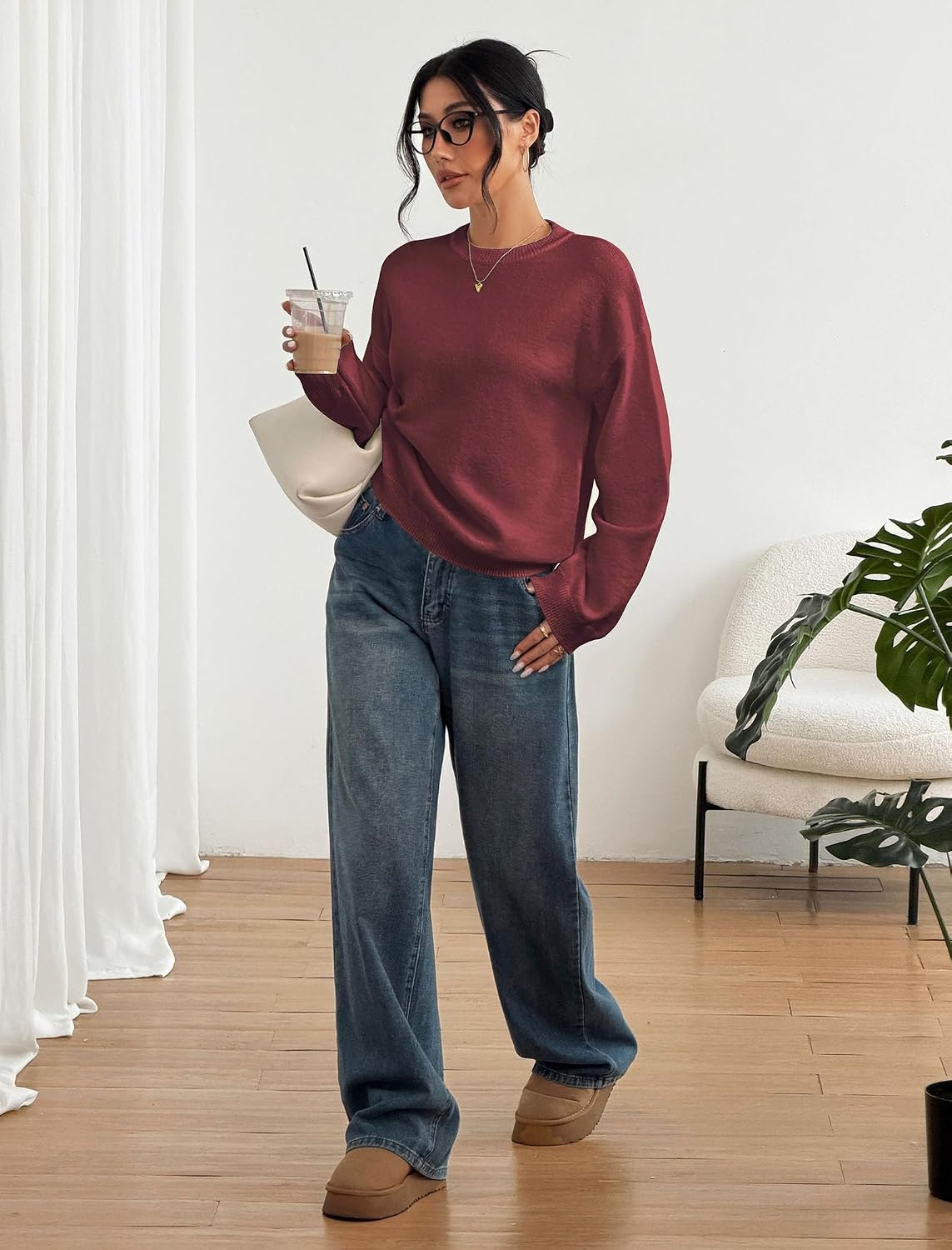 image:imageZAFUL Women Crew Neck Sweater Long Sleeve Solid Oversized Pullover Sweater1rust Red