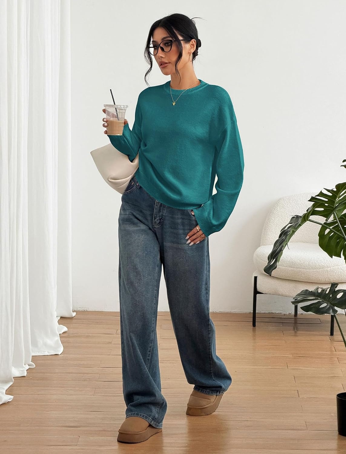 image:imageZAFUL Women Crew Neck Sweater Long Sleeve Solid Oversized Pullover Sweater1teal Blue
