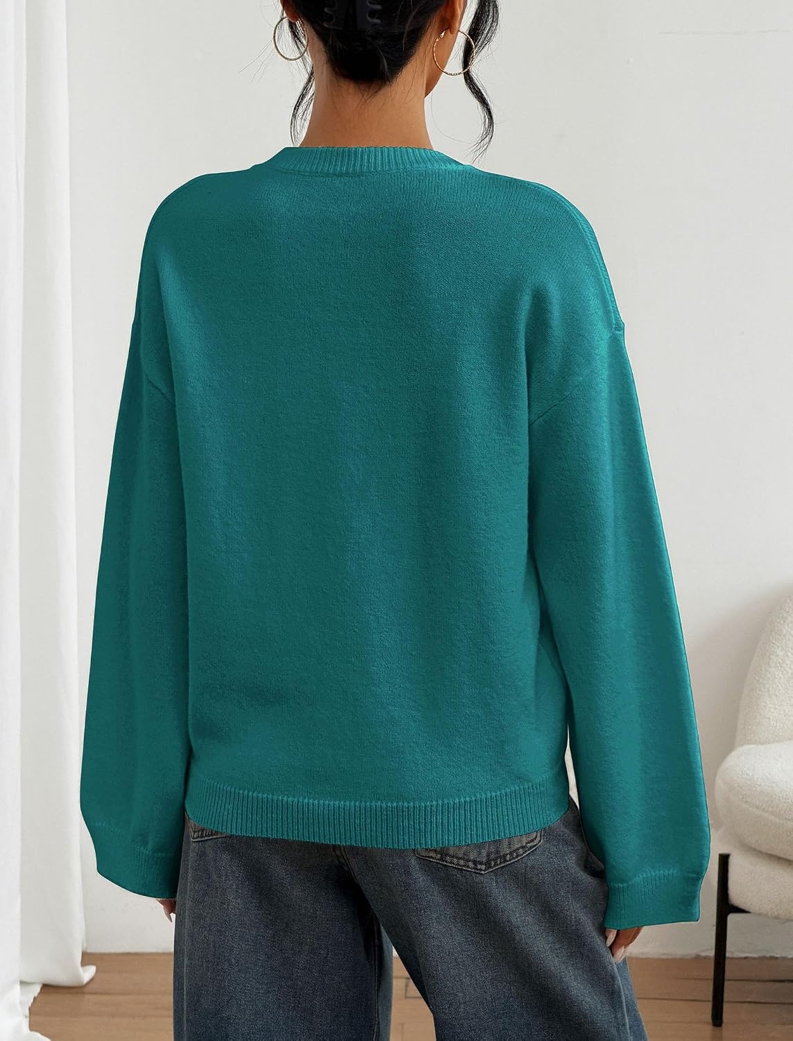 image:imageZAFUL Women Crew Neck Sweater Long Sleeve Solid Oversized Pullover Sweater1teal Blue