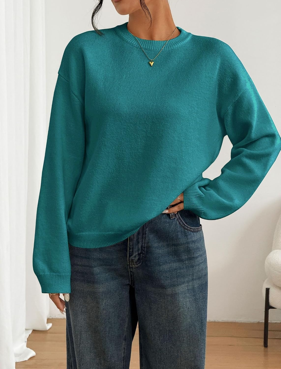 image:imageZAFUL Women Crew Neck Sweater Long Sleeve Solid Oversized Pullover Sweater1teal Blue