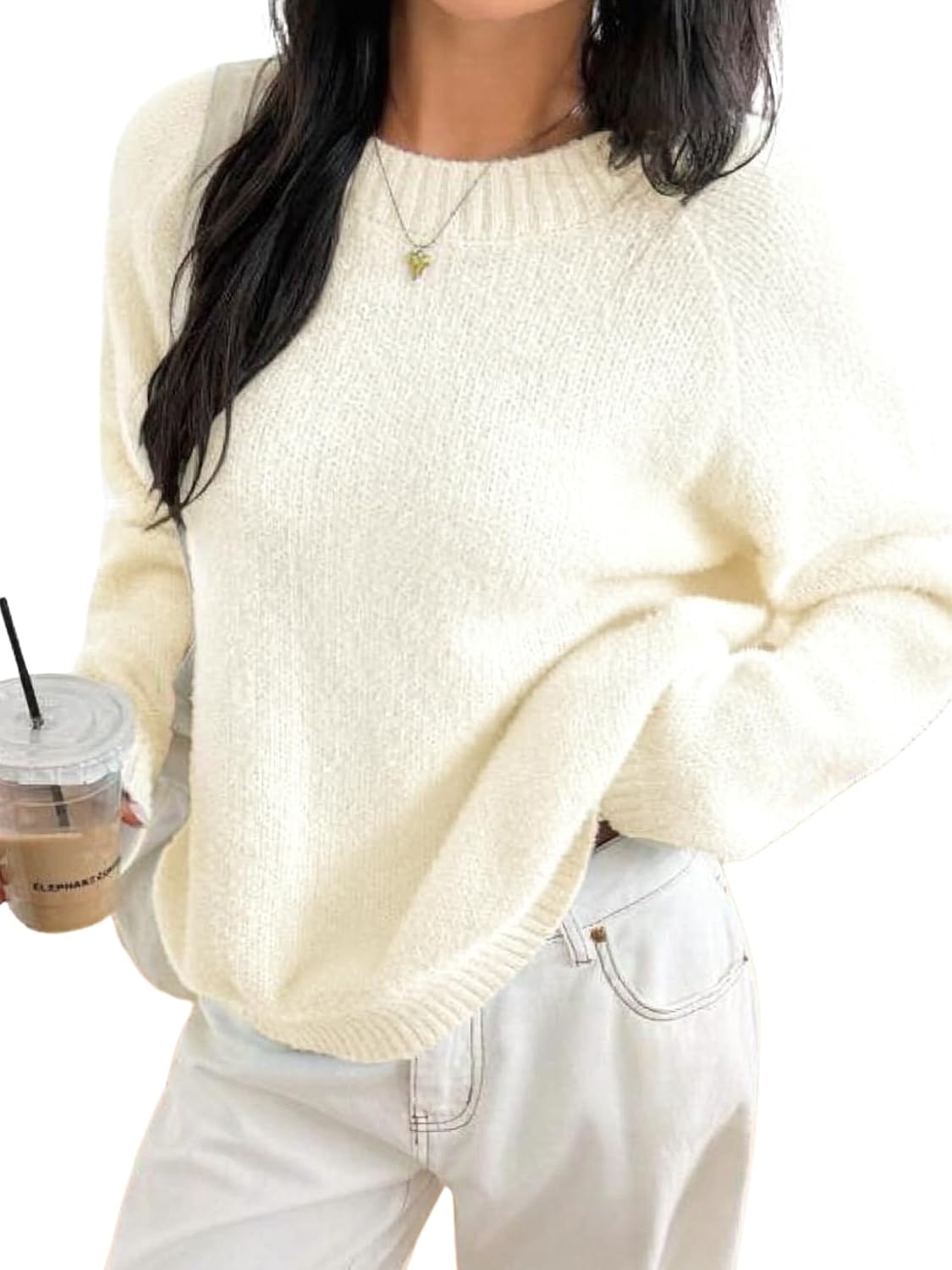 image:imageZAFUL Women Fuzzy Sweater Knit Crewneck Long Sleeve Casual Slouchy PulloverApricot