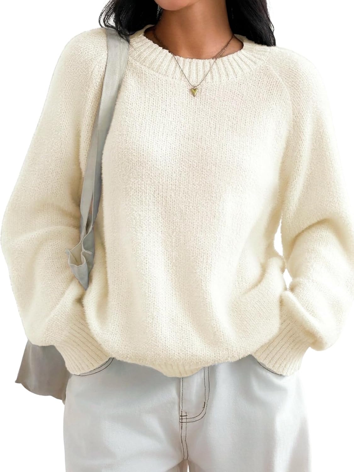 image:imageZAFUL Women Fuzzy Sweater Knit Crewneck Long Sleeve Casual Slouchy PulloverApricot