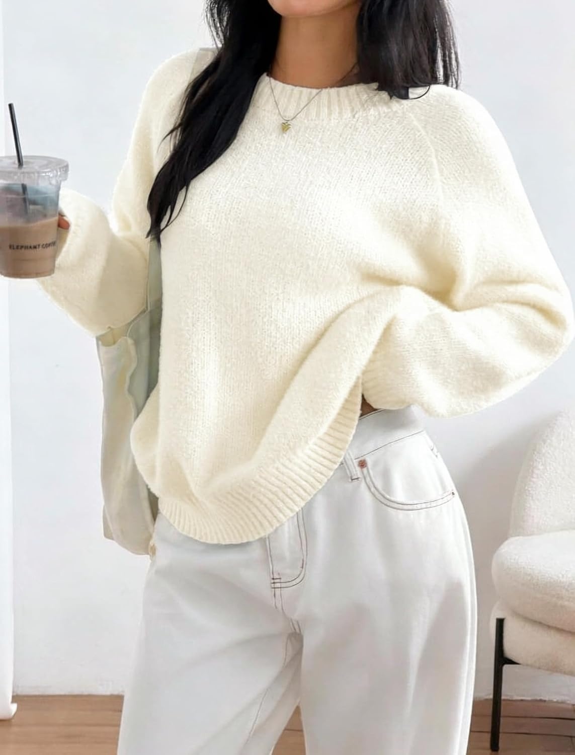 image:imageZAFUL Women Fuzzy Sweater Knit Crewneck Long Sleeve Casual Slouchy PulloverApricot
