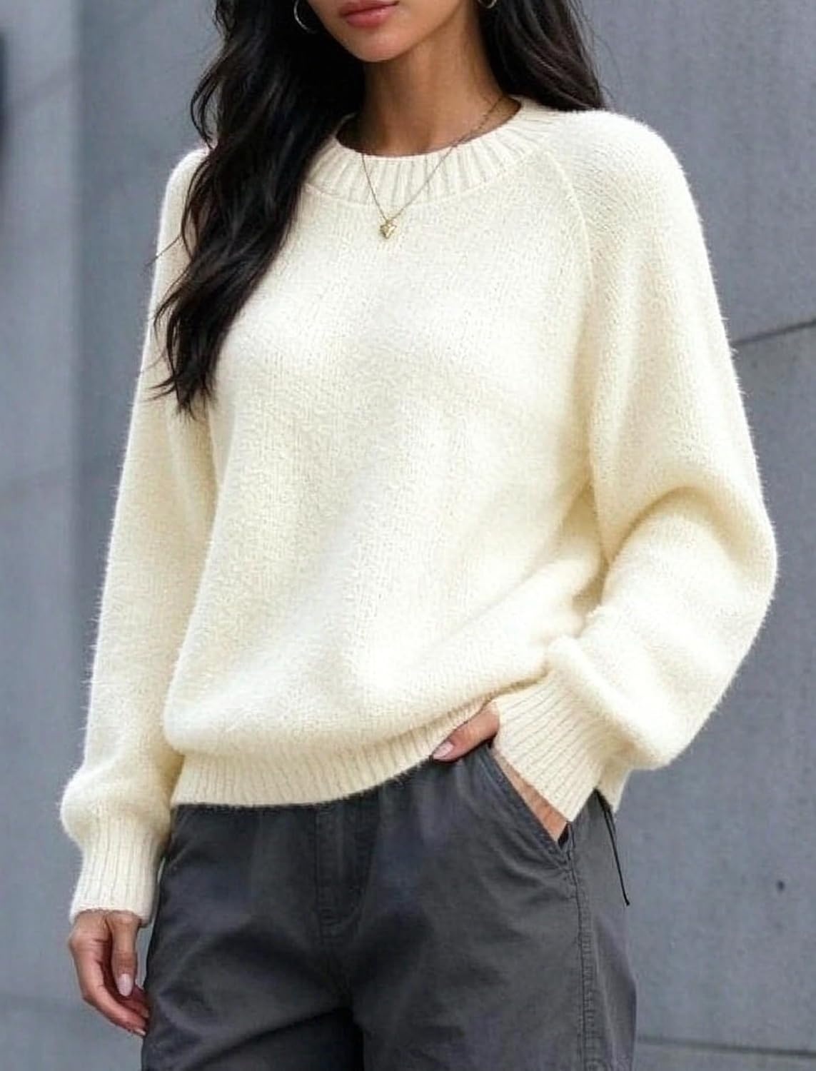 image:imageZAFUL Women Fuzzy Sweater Knit Crewneck Long Sleeve Casual Slouchy PulloverApricot