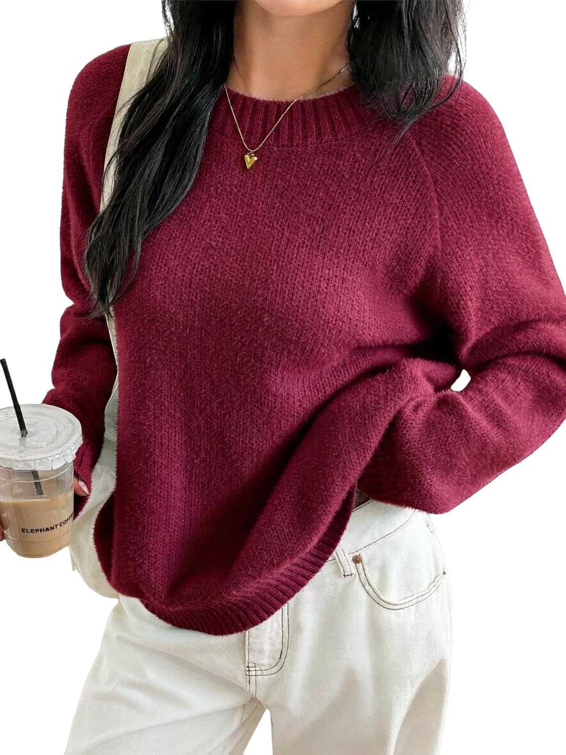image:imageZAFUL Women Fuzzy Sweater Knit Crewneck Long Sleeve Casual Slouchy PulloverBurgundy