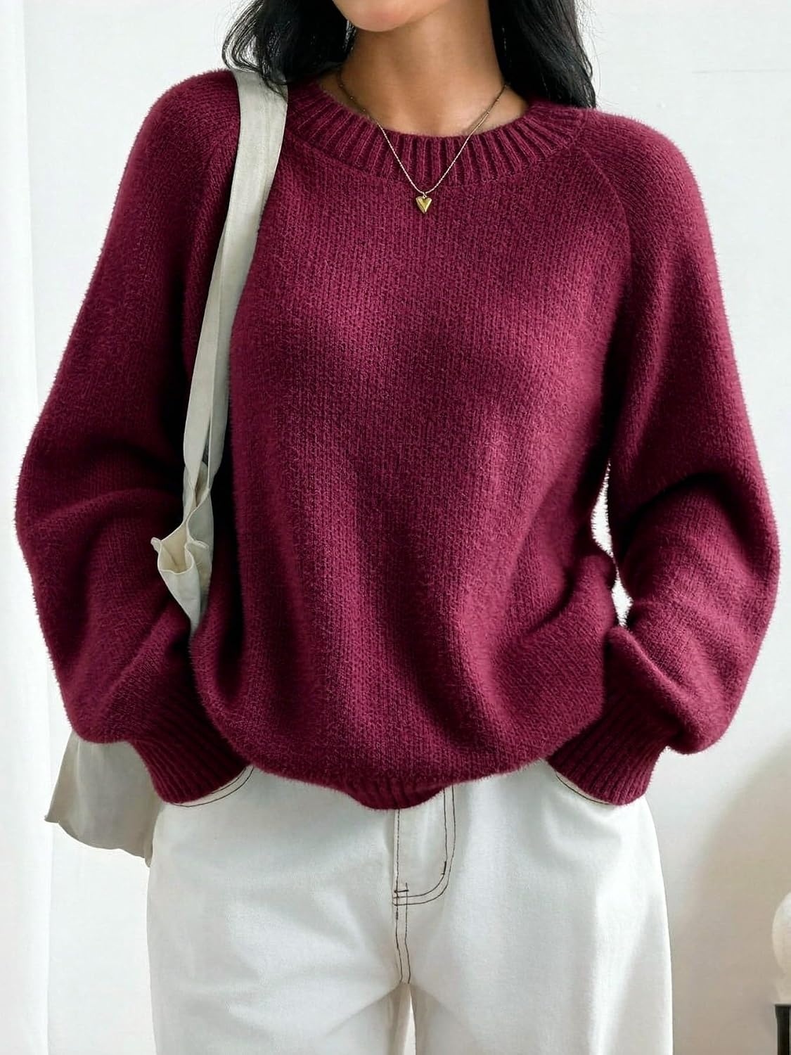 image:imageZAFUL Women Fuzzy Sweater Knit Crewneck Long Sleeve Casual Slouchy PulloverBurgundy