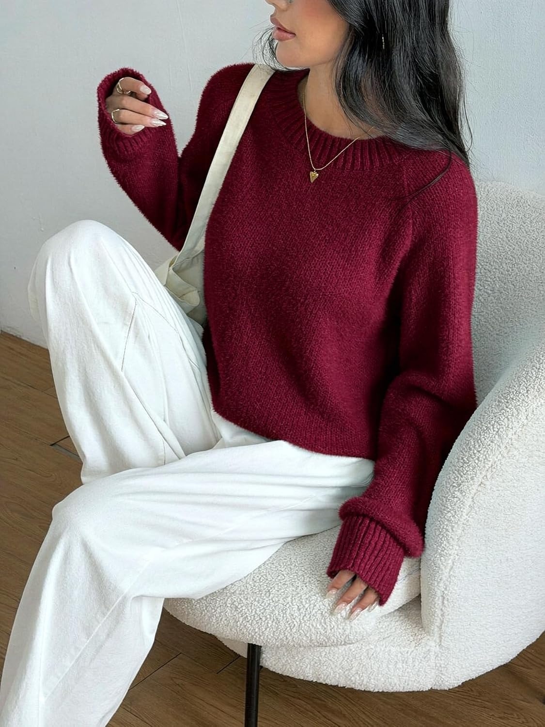 image:imageZAFUL Women Fuzzy Sweater Knit Crewneck Long Sleeve Casual Slouchy PulloverBurgundy