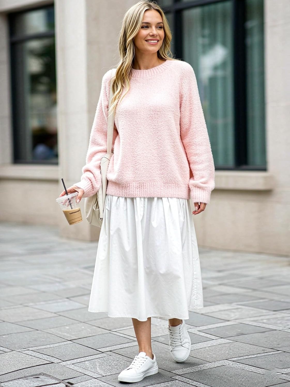 image:imageZAFUL Women Fuzzy Sweater Knit Crewneck Long Sleeve Casual Slouchy PulloverCherry Blossom Pink