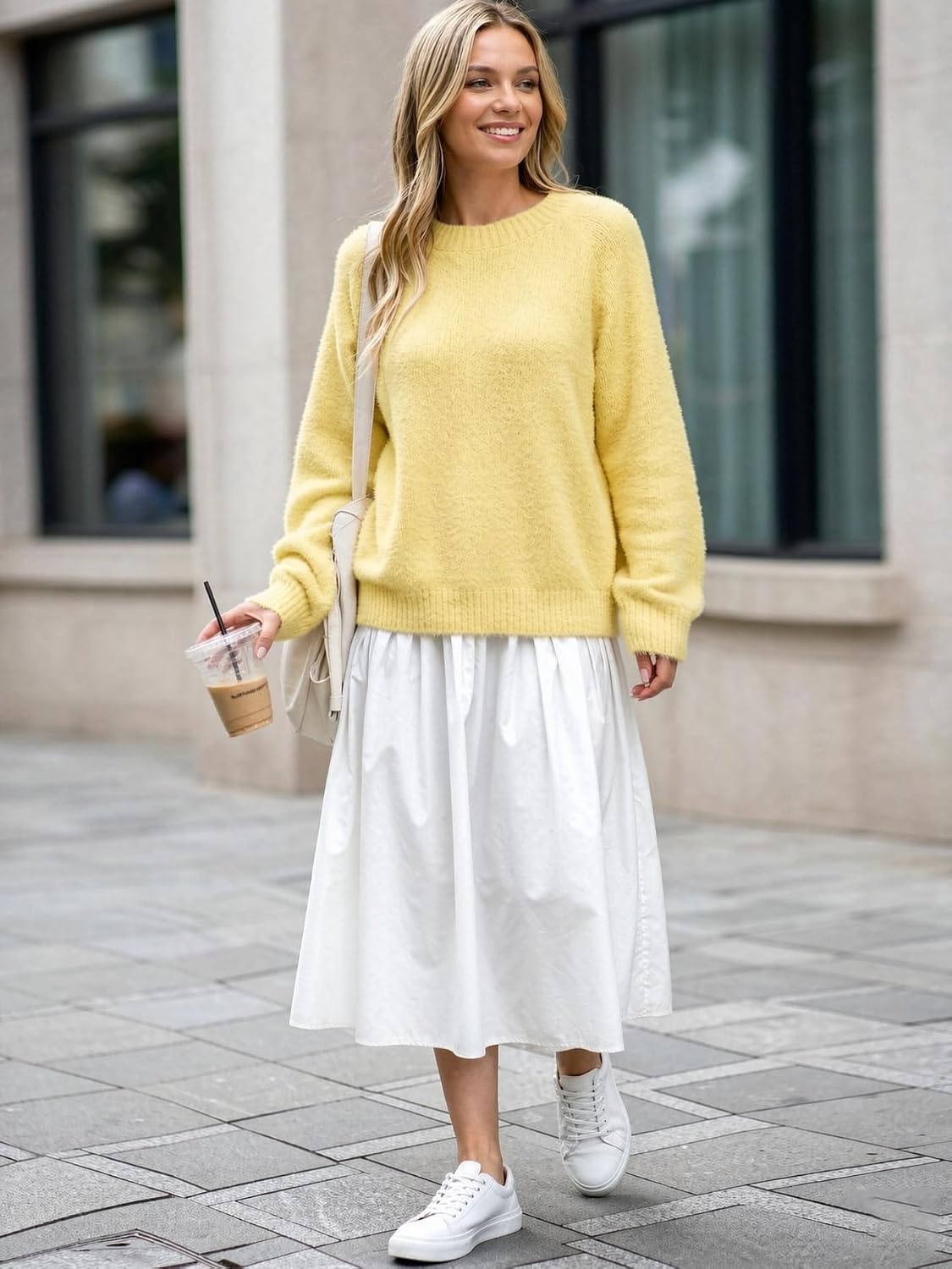 image:imageZAFUL Women Fuzzy Sweater Knit Crewneck Long Sleeve Casual Slouchy PulloverYellow