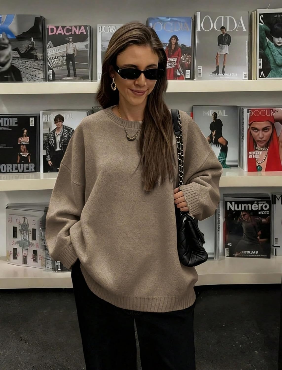 image:imageZAFUL Women Oversized Sweater Crew Neck Long Sleeve Casual Tunic PulloverKhaki